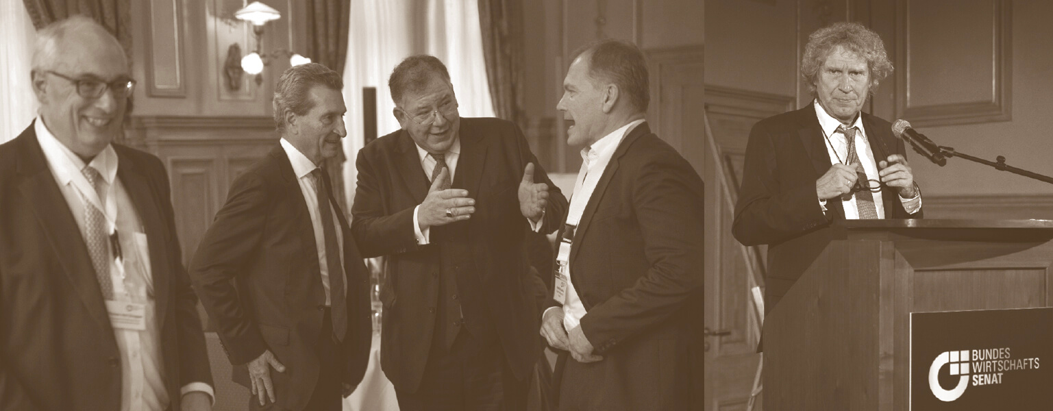 Foto: Der Senat im Gespräch mit Ministerpräsident a.D. und EU-Kommissar a.D. Günther Oettinger 2020 und mit Prof. Dr. Raffelhüschen 2020